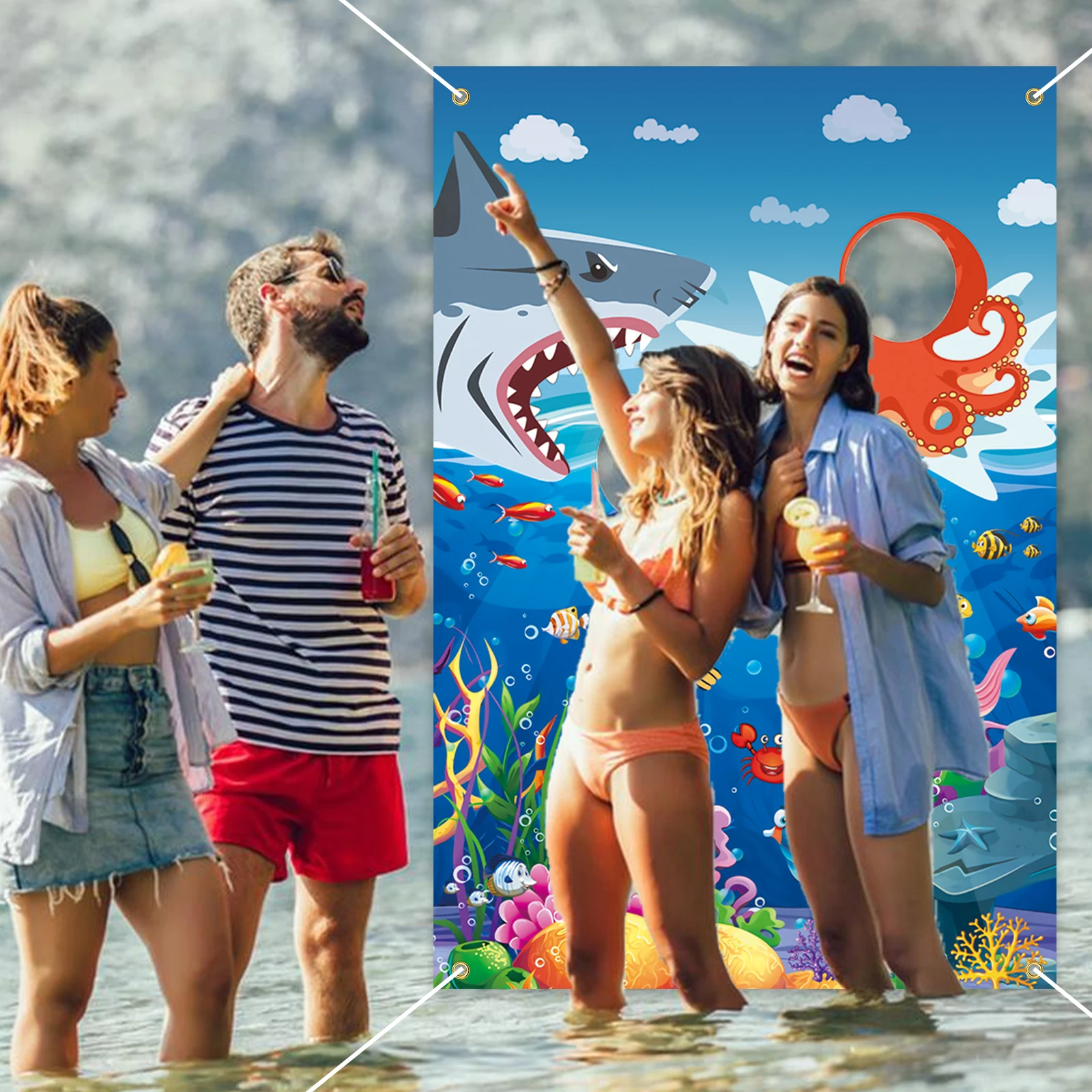 Toile de fond de bannière de photo en polyester vibrant sous la mer, grandes décorations durables de bannière de poulpe de requin petite sirène pour la mer A