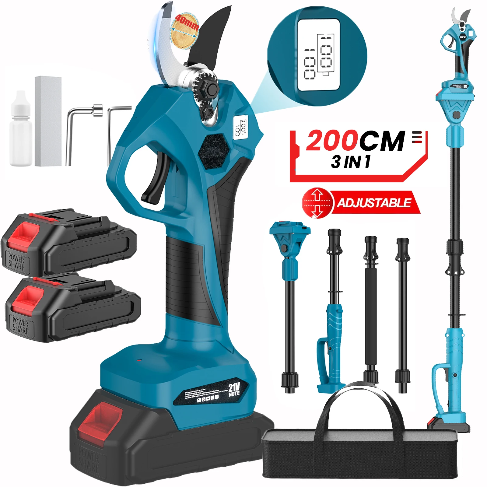 Image of Cesoie da potatura digitali con palo telescopico senza spazzole 3 IN 1 Forbici per rami alti Strumento per potatura di alberi da giardino per batteria Makita 21V cod004