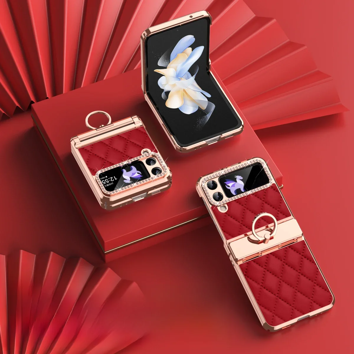 Etui Samsung Galaxy Z Flip 4 3, luksusowe etui ze skóry PU, twarde PC, galwanizowana ramka, zawias, odporna na wstrząsy, uchwyt pierścieniowy — zdjęcie 2