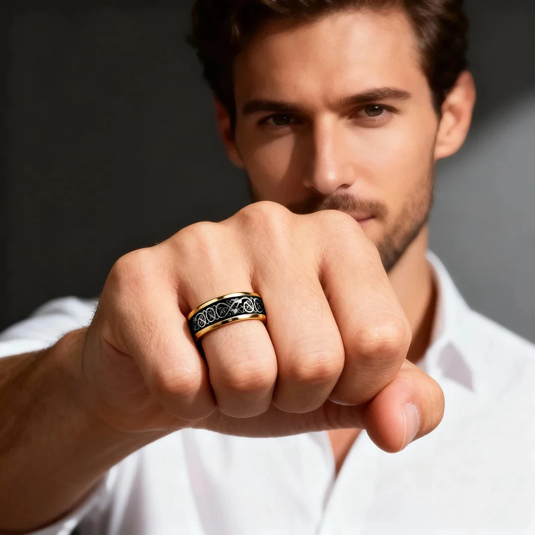 Wholesale Celtic Black Carbon Fiber Rings, Fashion Gold Color Men Stainless Steel Dragon Rings, Men Wedding Band Jewelry view 5
