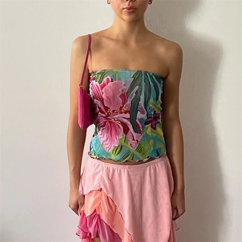 Xingqing Tube Top y2k Clothes Women Summer Floral Print Off Shoulder Strapless Sleeveless Beadeau Fairycore Clothing Streetwear