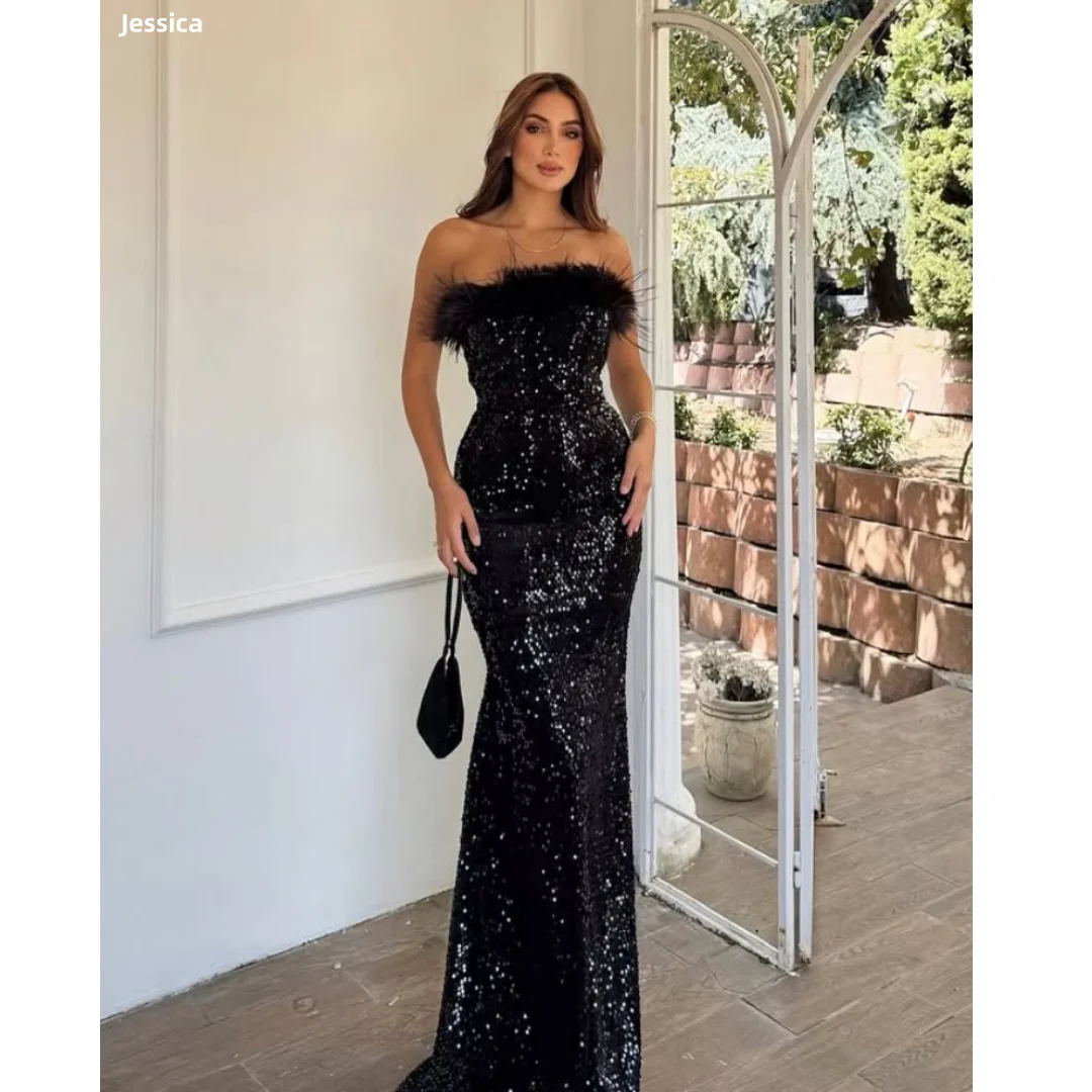 ジェシカグリッタースパンコールイブニングドレス手作り羽黒ウエディングドレスオフショルダー女性 Vestidos De Gala カスタマイズ