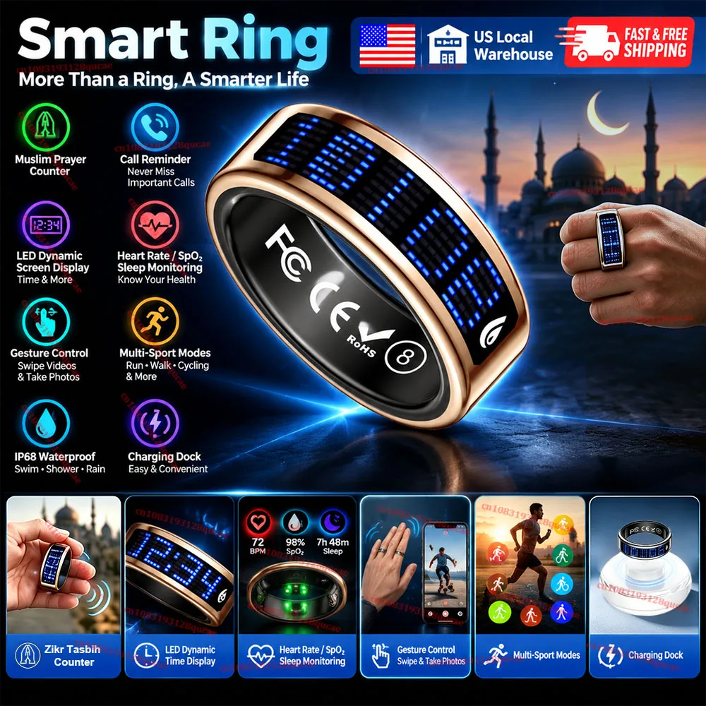Smart Ring with Charging Dock Men Women Health Sleep Heart Rate Monitoring IP68 & 5ATM Waterproof Multi-sport Mode USA Local Fast Shipping