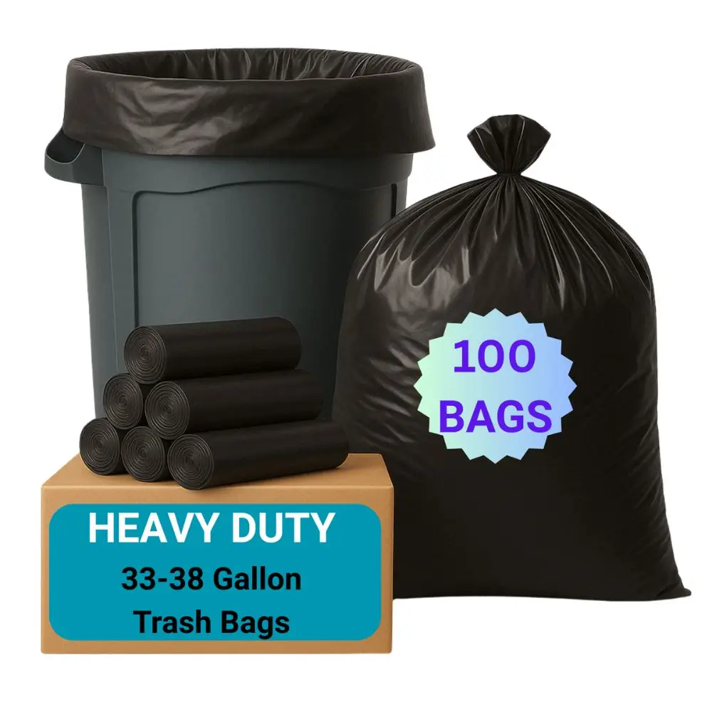 

Heavy Duty Trash Bags 33-38 Gallon, 33x39 in 1.5 Mil Thick, Black Garbage Bags, Flat Top, 10 Bags/Roll x 10 Rolls (100 Bags)