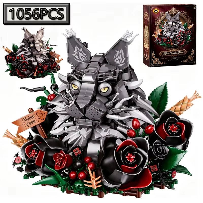 MOC 1056-teiliges Myanmar-Blumen-Katzen-Dekorationsset, Blumen-Bausteine, Freunde-Geschenk, DIY-Montagemodell, Puzzle-Spielzeug, Geburtstagsgeschenk
