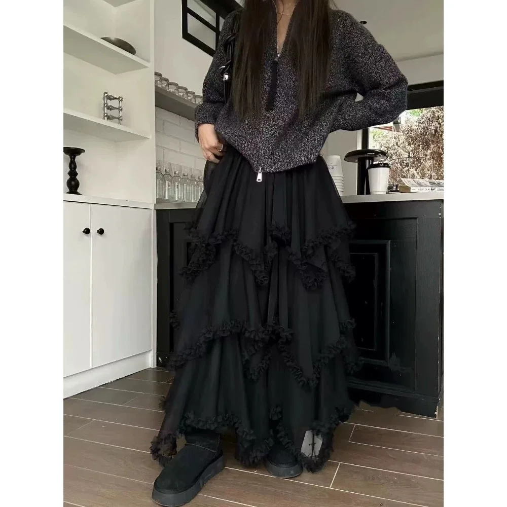 女性用 ホワイト 不規則なパッチワーク フリル裾スカート Y2k 2000年代 エステティック エレガント フレンチ セクシー メッシュ パフスカート Aライン ミディスカート