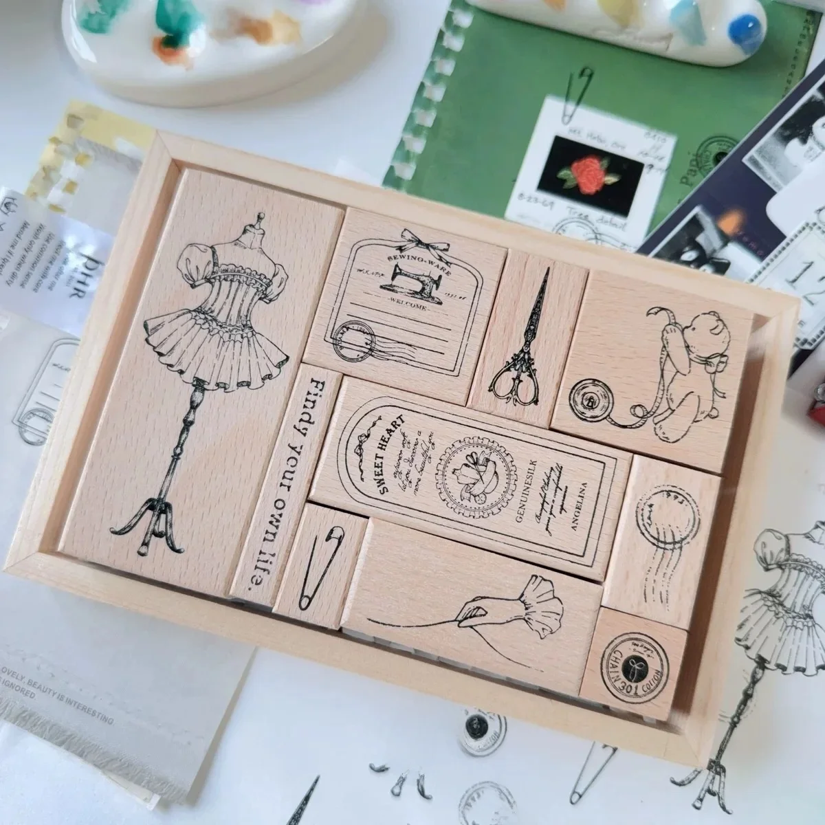 Vintage szycie drewniana pieczątka do DIY Scrapbooking tworzenie kartek do albumu na zdjęcia — zdjęcie 2