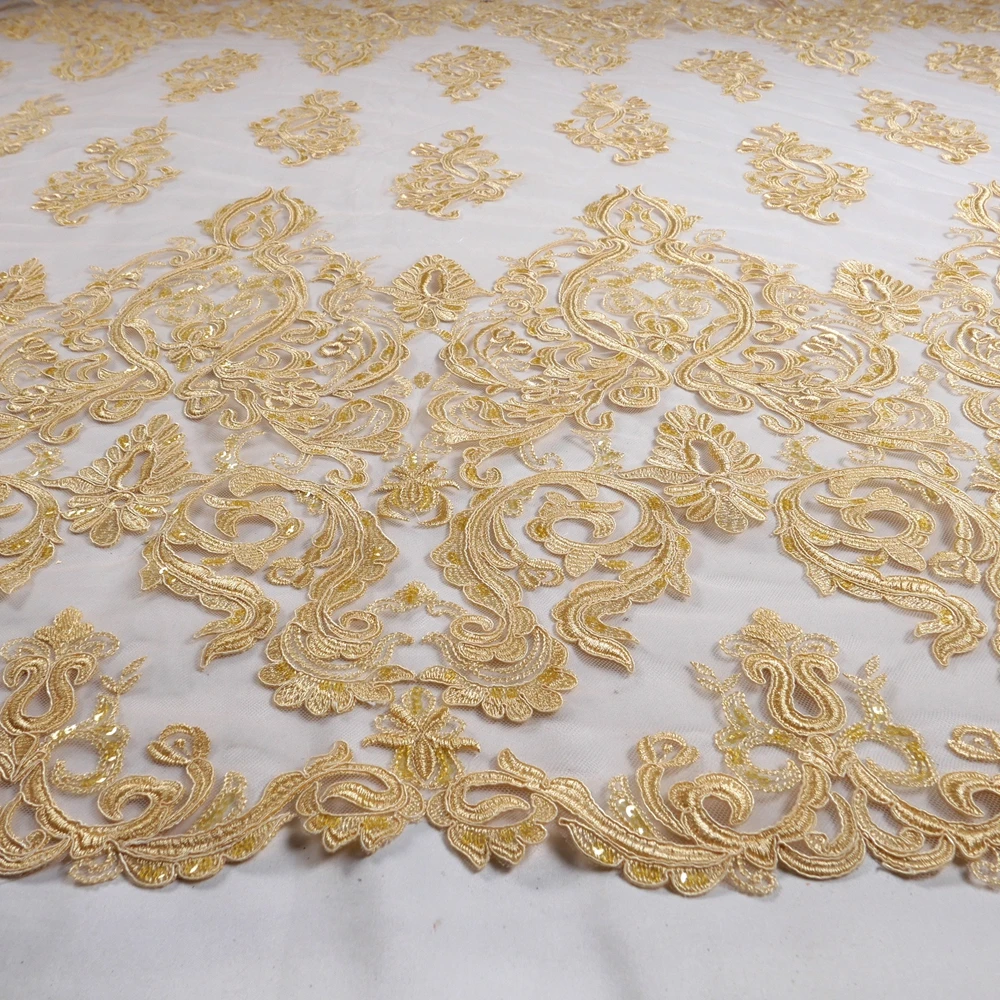 HelluyerDc Gold,Wine carded lace fabric,big&small patterns embroidery for wedding prom dress fabric easy to cut