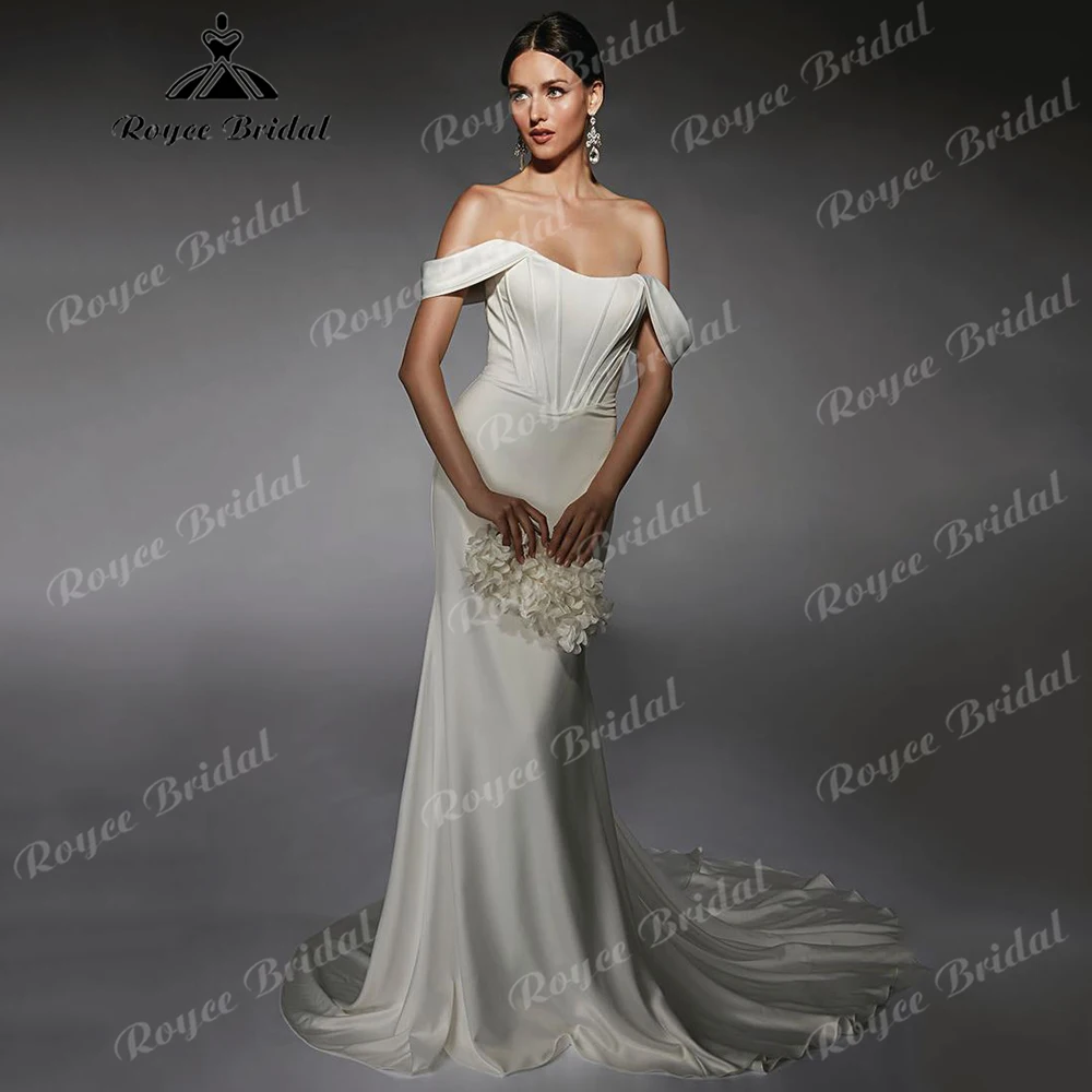 Detachable off-the-shoulder sleeves Mermaid Wedding Dress Corset Bodice Crepe Bridal Gown with Buttons Back  Customizable