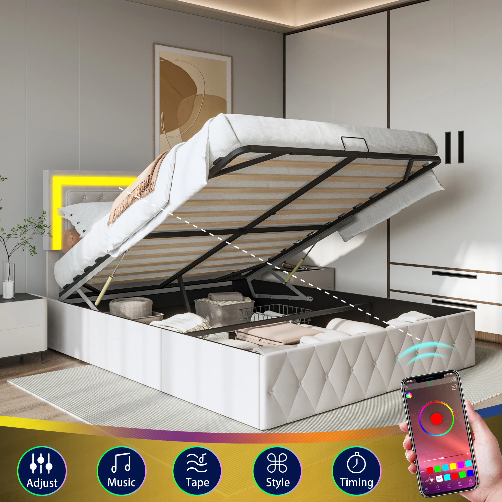 Łóżko ze schowkiem, podwójne łóżko z listwą LED z listwową podstawą i zagłówkiem klamry, aksamit-180x200cm