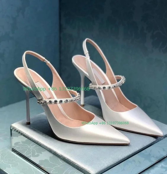 Lady elegant stain slingback design high heels pointed toe white solod sexy black pumps rhinestone party dress footwear size