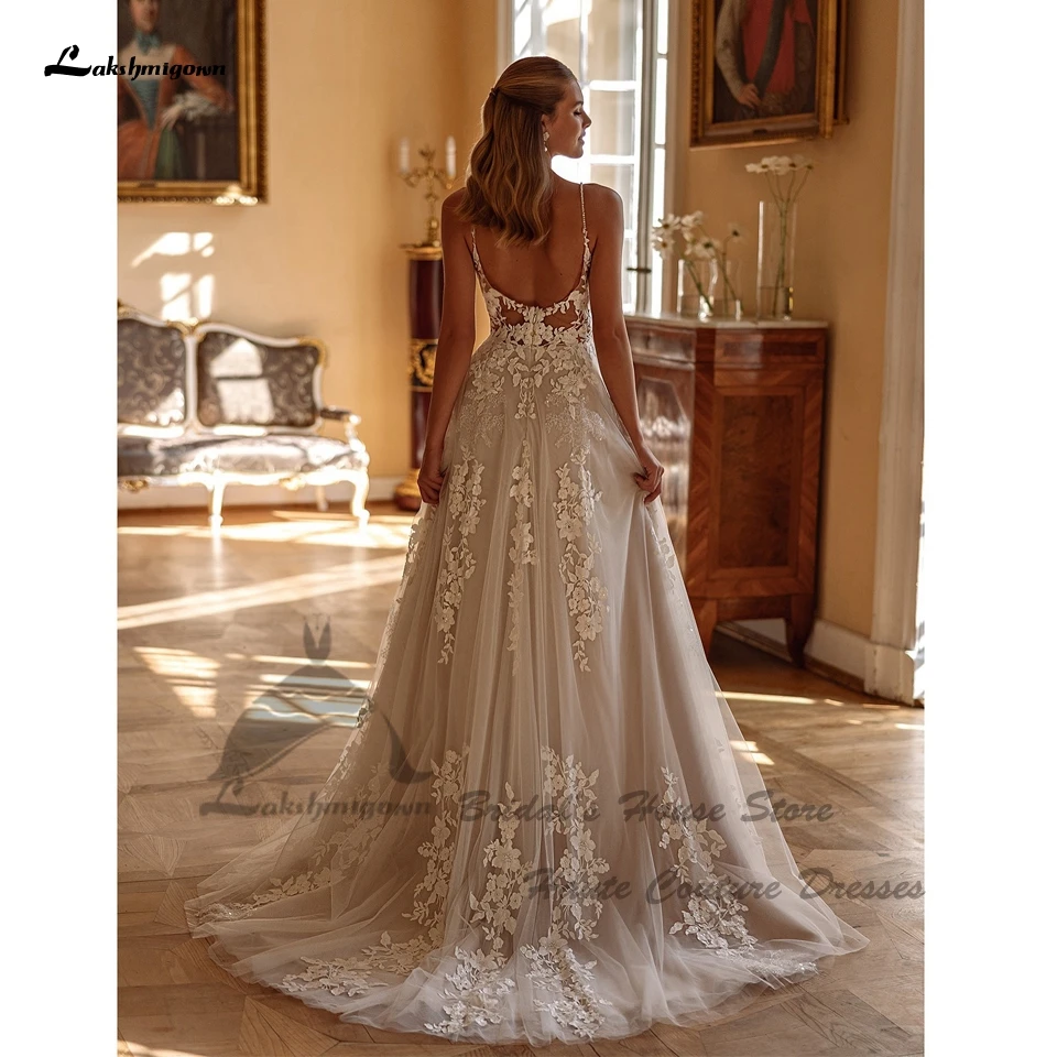 Lakshmigown Civil Lace Boho Hochzeitskleider Neu 2026 Abito Da Sposa Sexy Champagner Strand-Brautkleider V-Ausschnitt Spaghettiträger – Detail 5