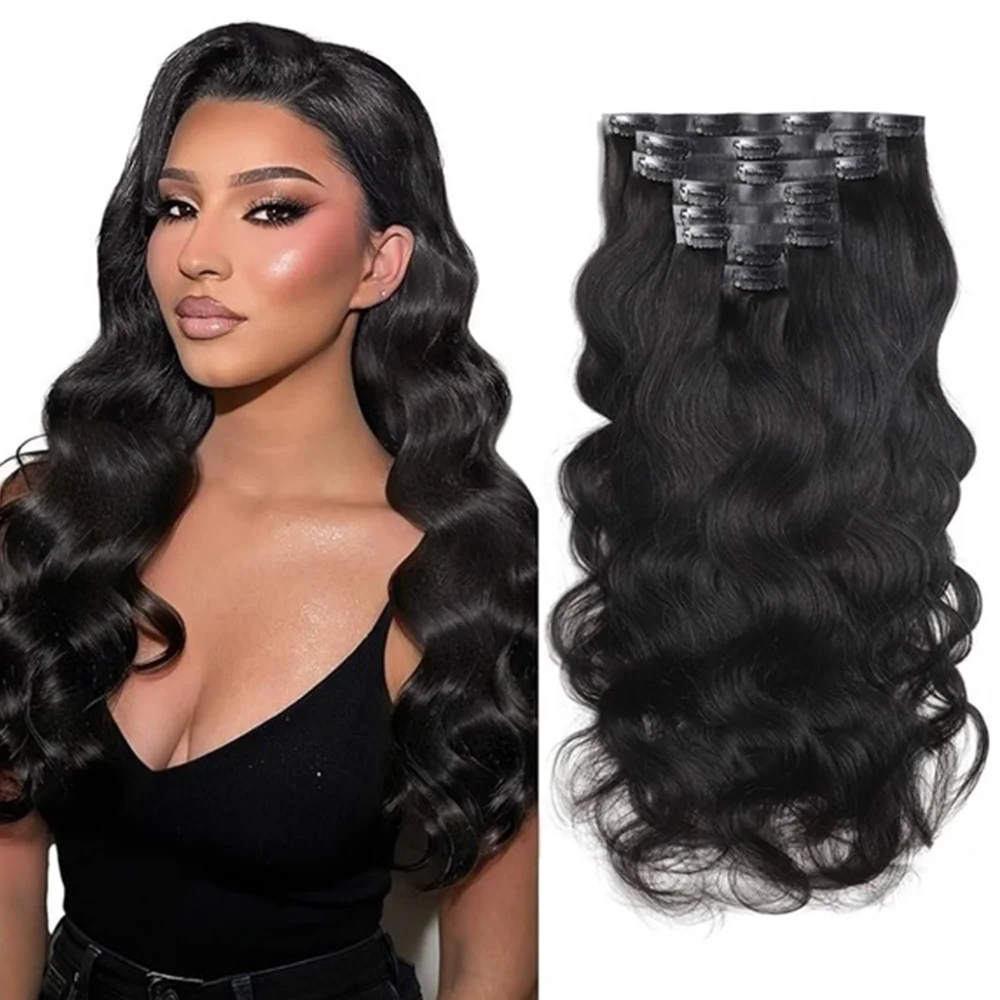 وصلات شعر بمشبك مموج للجسم، شعر بشري حقيقي، وصلات شعر بشري ريمي، شعر بشري طبيعي ناعم، أسود طبيعي #1