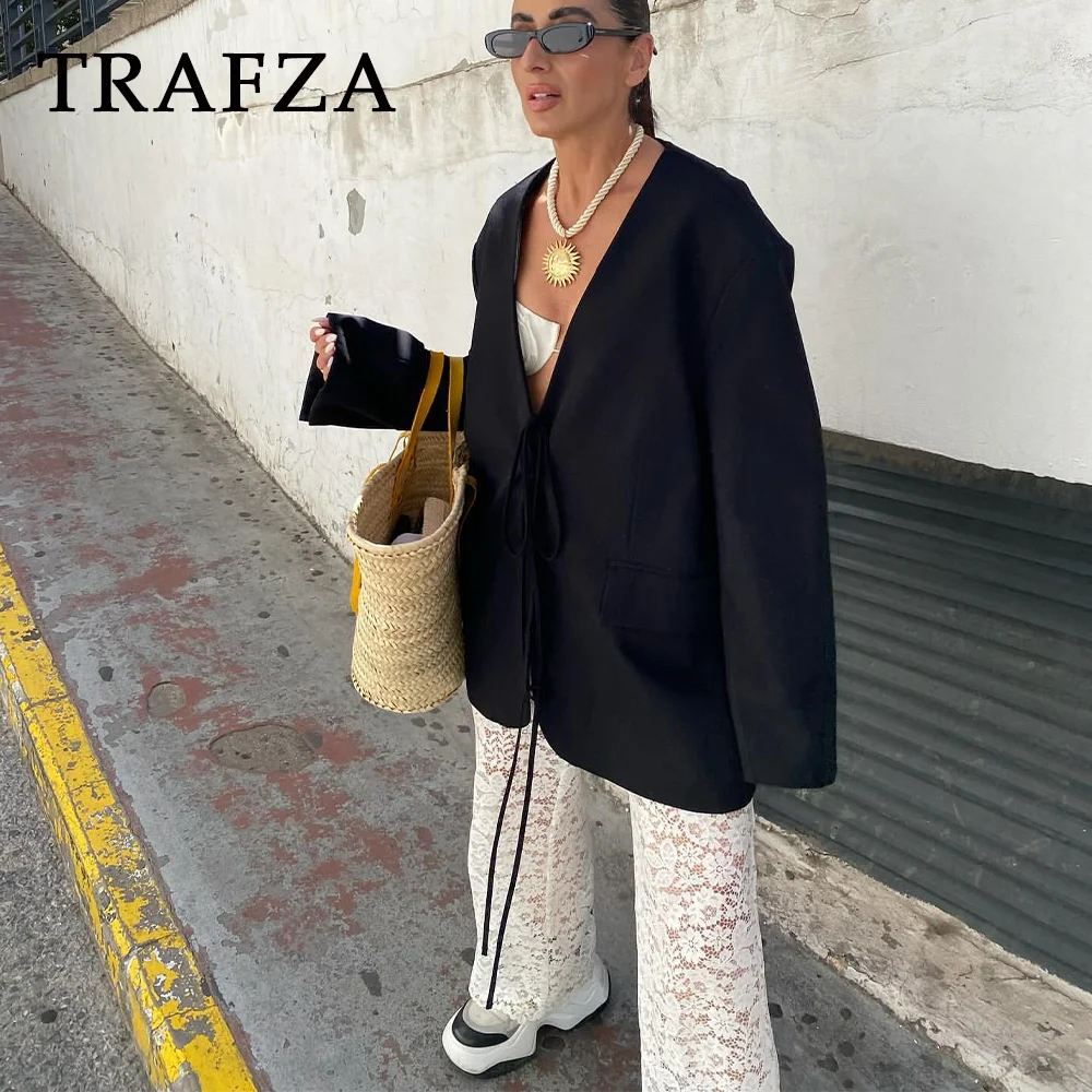 TRAFZA primavera estate donna Office Lady Solid Blazer tasche giacche con fiocco allentato Blazer con scollo a v con lacci moda donna 2024 Chic top