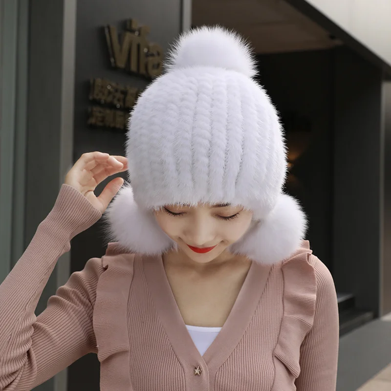 100% Real Mink Fur Hat Women Winter Knitted Beanie Russian Girls Cap With Fox Fur Pom Poms Thick Female Cap Elastic Hats