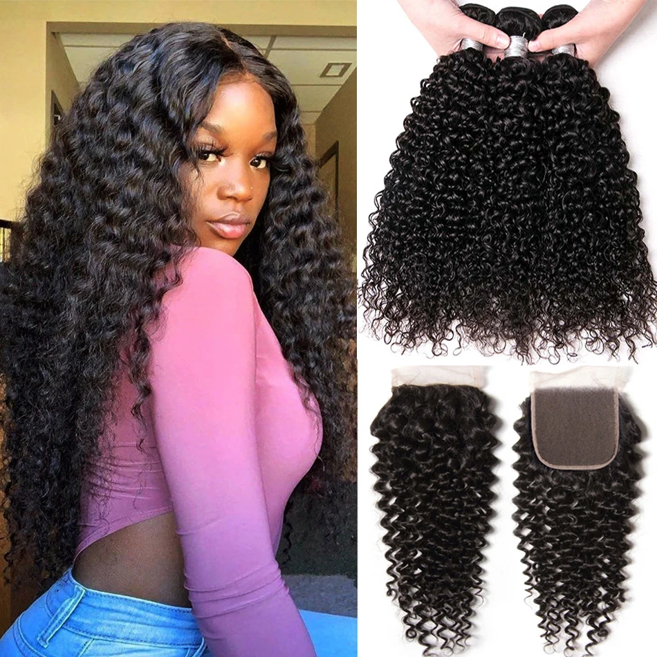 12A Peruvian Kinky Curly Bundles With Closure 3 Bundles With Closure Unprocessed Virgin Human Hair Curly Bundles With Frontal