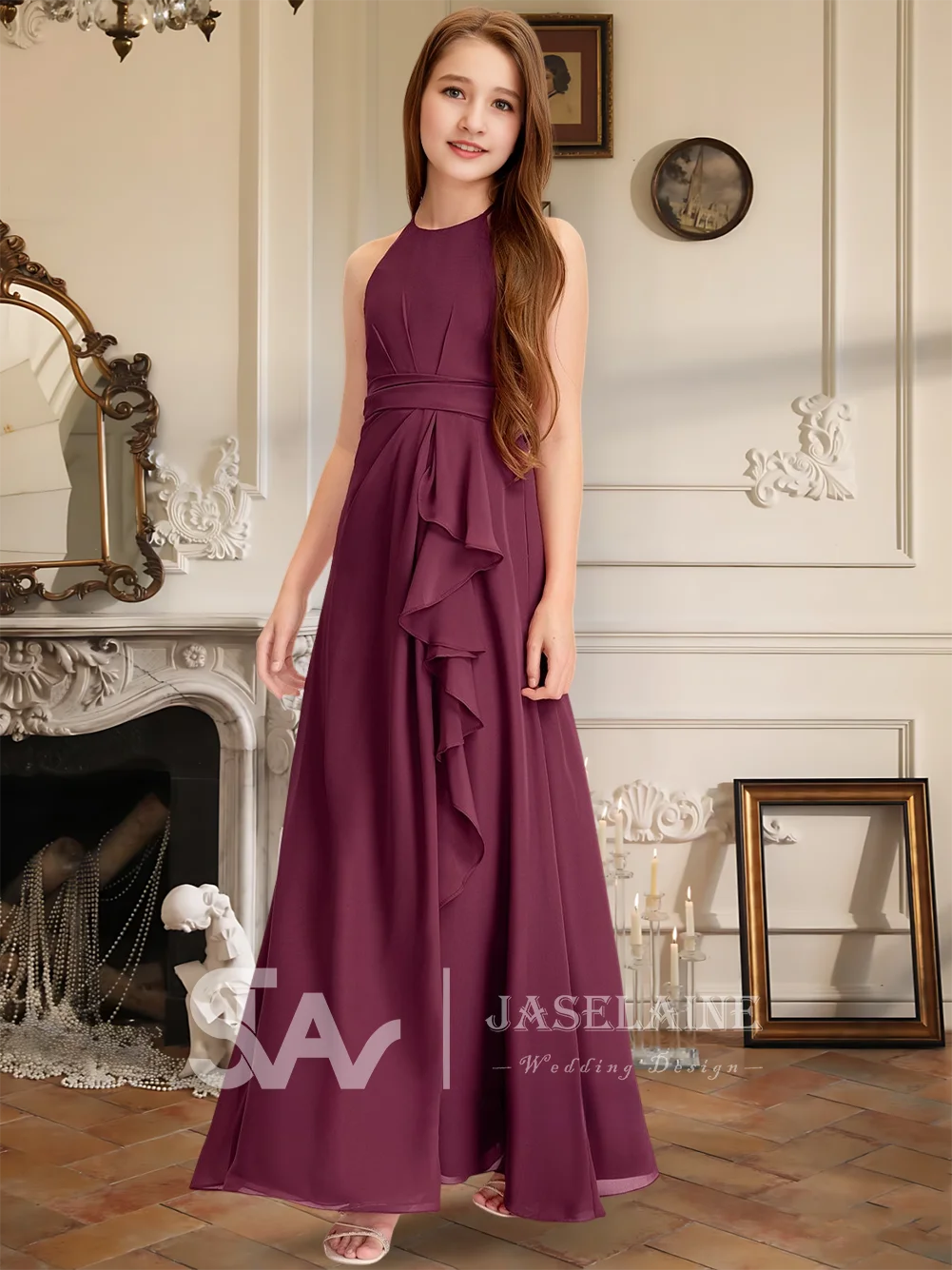 Шифоновое платье с лямкой на шее и каскадными оборками длиной до пола, платье подружки невесты для юниоров, платье с цветочным узором для девочек, вечерние платья для девочек, свадебное торжественное платье