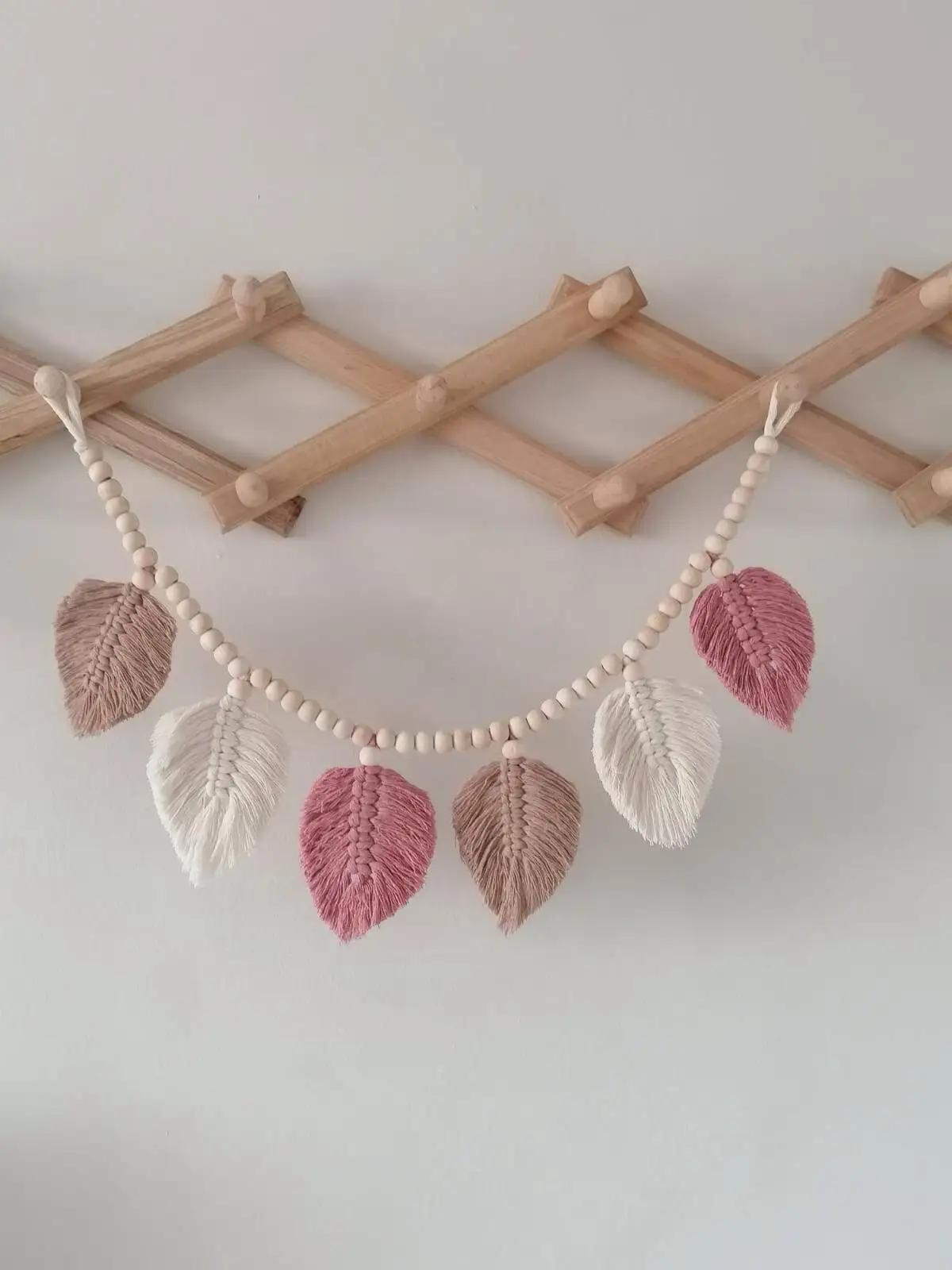 Leaf Macrame Garland , Boho Baby Girl Decoration , Leaf Garland with Wood Beads , Graduation Party , Party Supplies