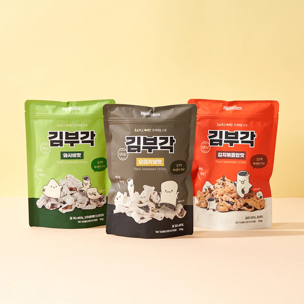 (1+1) 묘미담 찹쌀 김부각 김과자 김스낵 50g (오리지널맛+김치볶음밥맛+와사비맛), 선물용, 선물포장, 박스제공, 건강 술안주, 간식