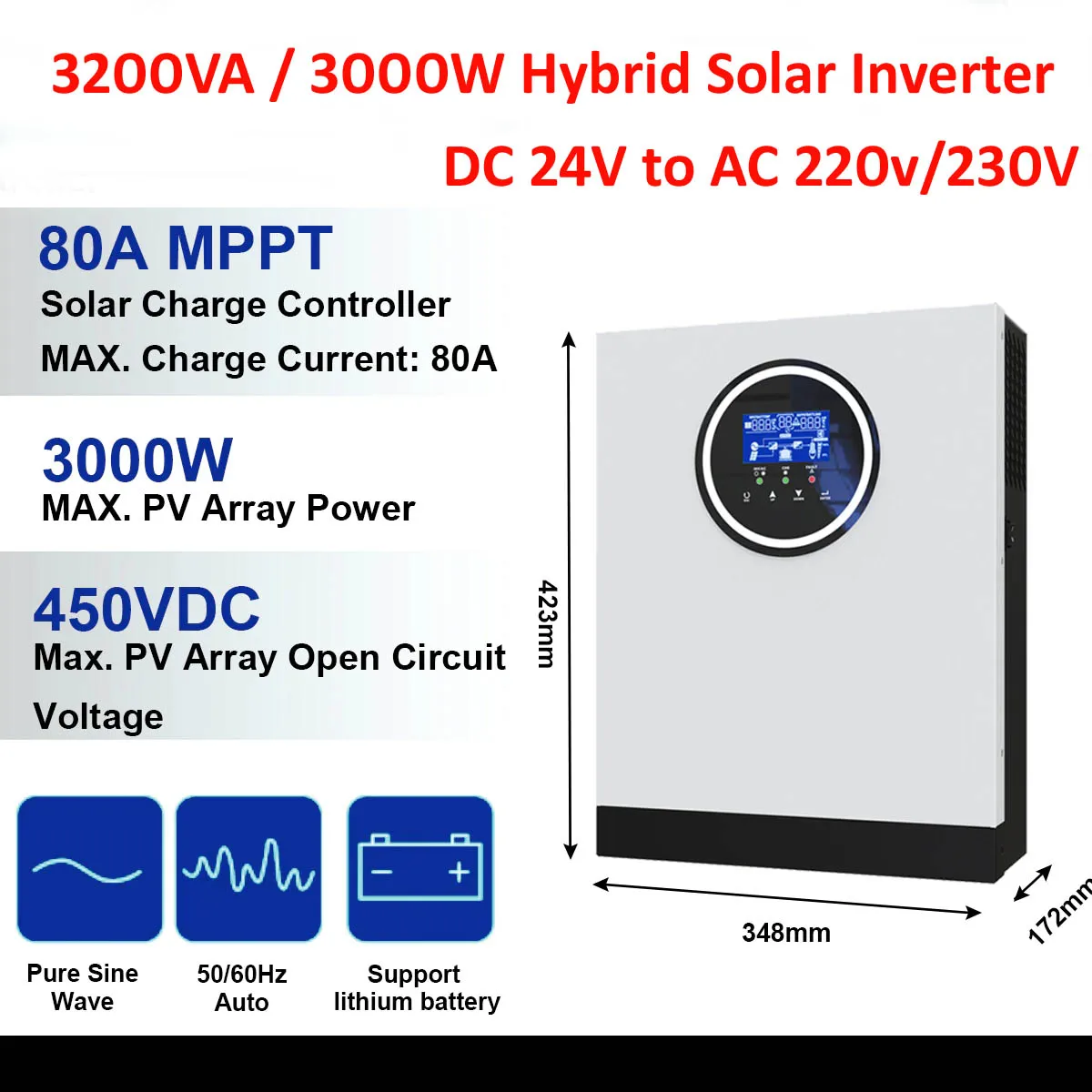 3000W 3KW Solar Hybrid Inverter DC 24V to AC230V Off-Grid Pure Sine Wave Inverter with 80A MPPT Solar Charger for PV 130-430V in