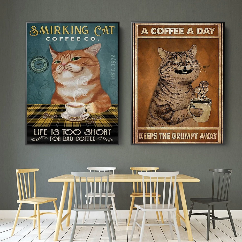 Life Is Too Short For Bad Coffee A Coffee A Day Keeps Grumpy Away Poster Canvas Painting Funny Smirking Cat Kitchen Wall Decor