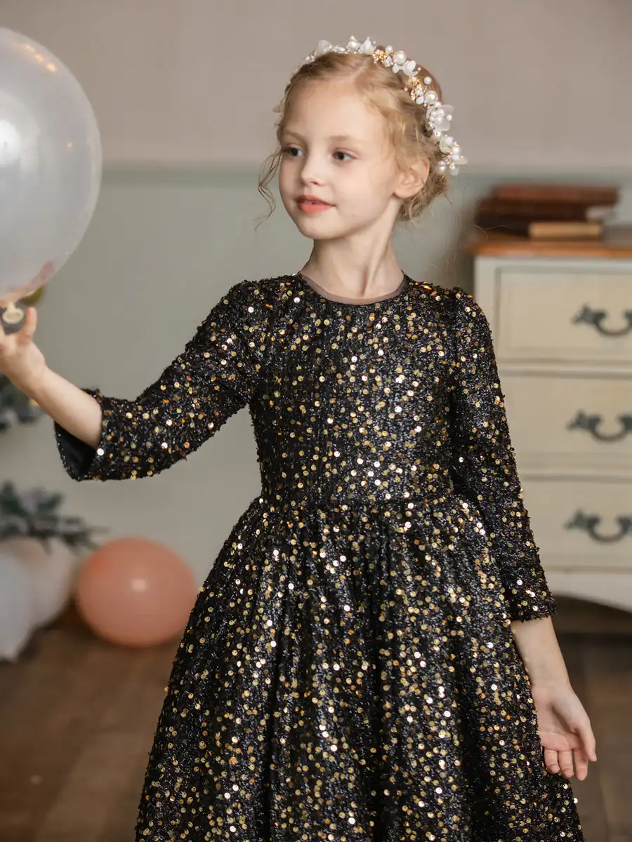 Crew Neck Velvet Sequins Flower Girl Dresses Long Sleeves For Wedding and Birthday Party Dress