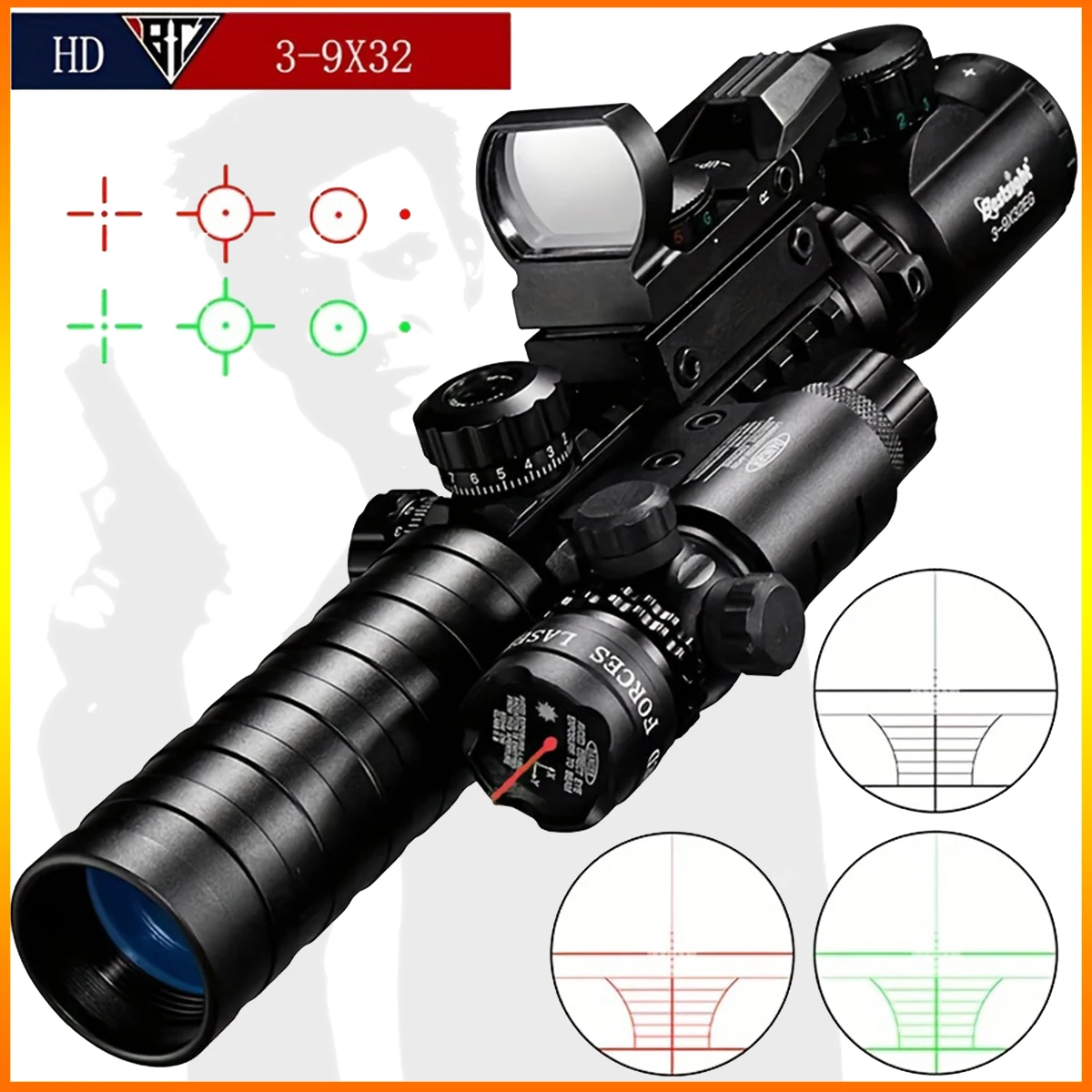 

9x32 Tactical EGC Laser calibration Scope Illuminated Rangefinder Reticle Rifle Holographic 4 Reticle Sight 20mm Red for Hunting