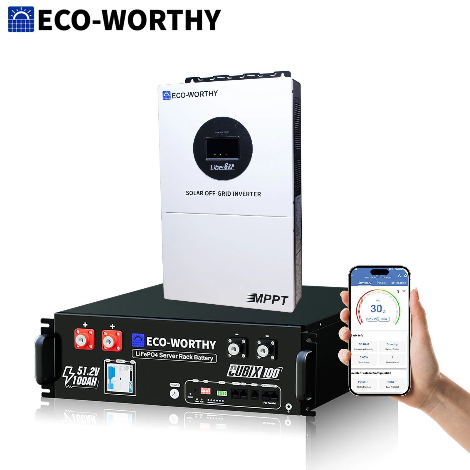 ECO-WORTHY 5.12kWh 48V 100Ah Lithium LiFePO4 Battery+6kW 48V Off-grid Inverter for Home Backup, Emergency Use
