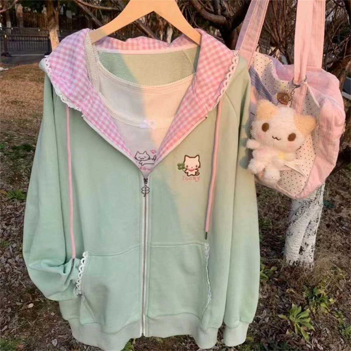 Y2k Hoodies Green Kawaii Cat Floral Print Hooded Zip-up Woman Sweatshirts Pink Ins Jacket Spring Fall Clothes Cute Streetwear