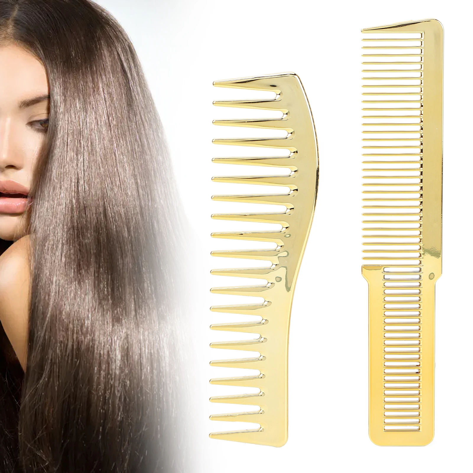 2PCs Barber Hair Styling Comb Set Gold Hairdressing Neck Brush Electroplated Oil Head Comb For Men Salon Wide Tooth Comb