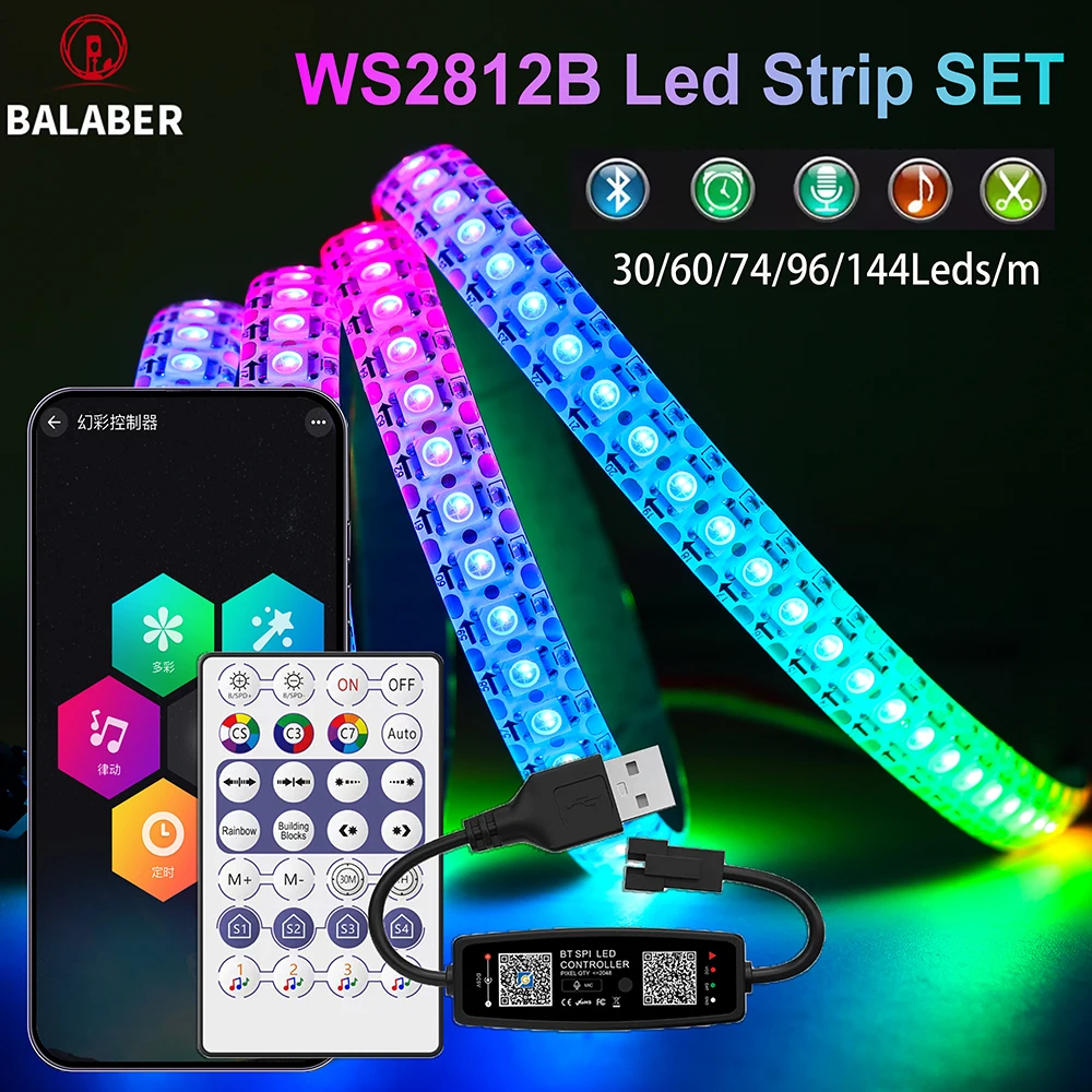 

WS2812B RGB LED Strip USB Bluetooth Music Controller 28Keys Kit Individually Addressable Smart LED Strip 30/60/74/96/144Leds/m