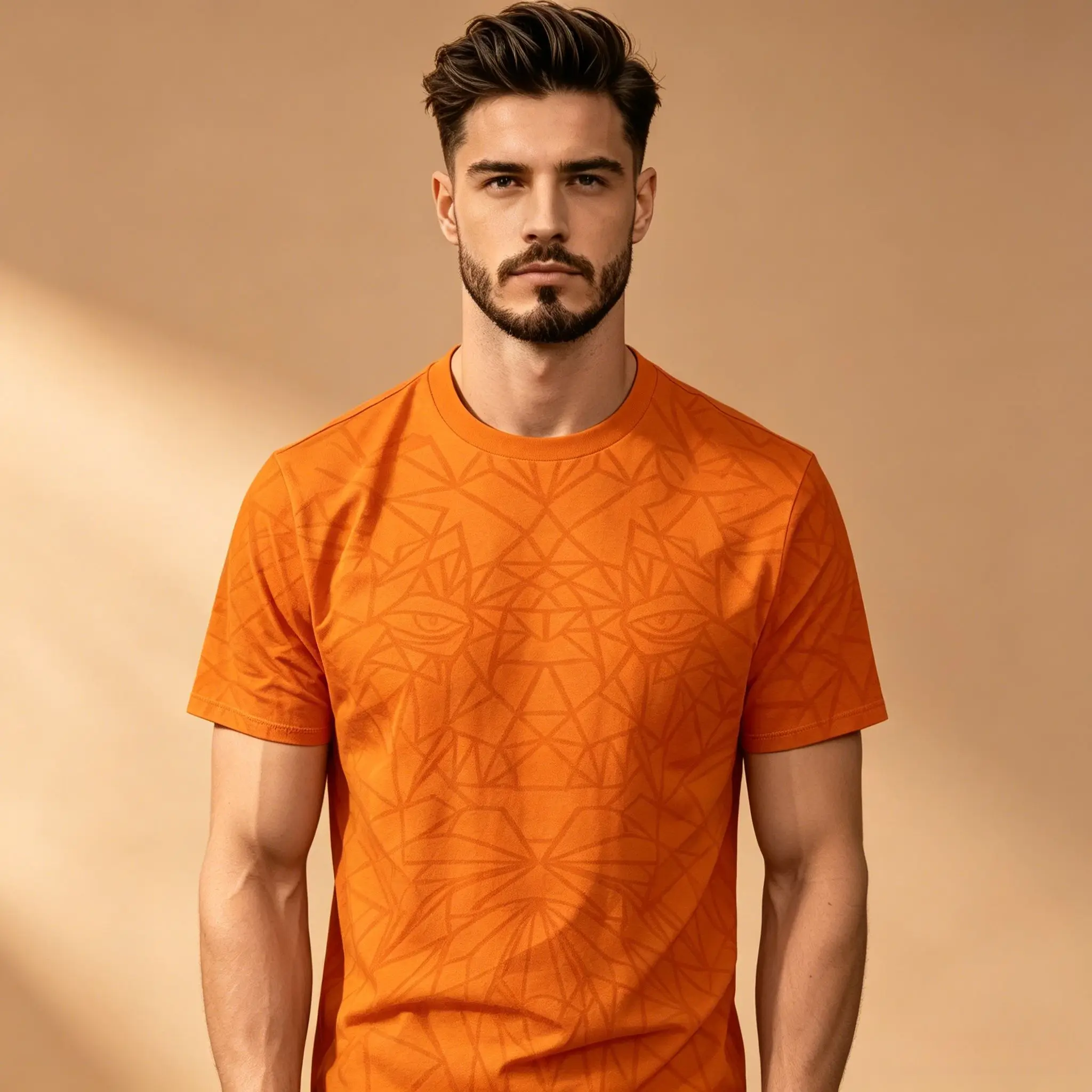 Men's Slim Fit T-Shirt, Orange All Over Geometric Triangle Line Jacquard Pattern Cotton Short Sleeve Business Casual Top