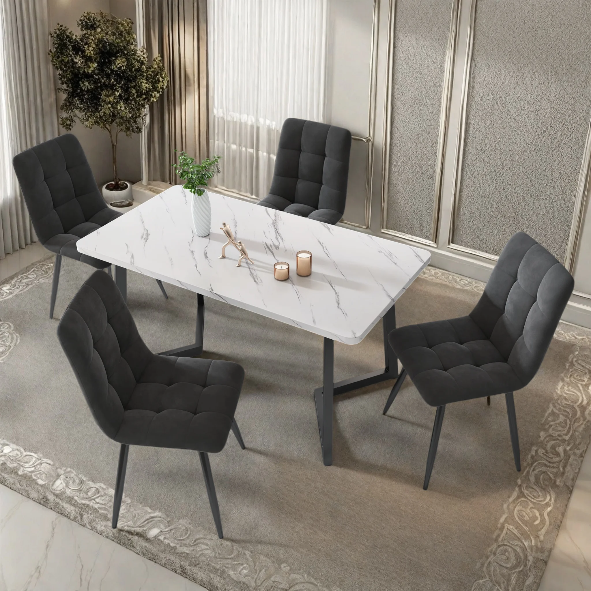 Anajqaqia, 4-Piece Upholstered Dining Chair Set, 86×46×44 cm Upholstered Backrest Dining Chairs For Home And Casual Dining, Dining Chairs With Backrests, Café Chairs, Dining Chairs With Metal Legs, Velvet, Gray/Green/Black