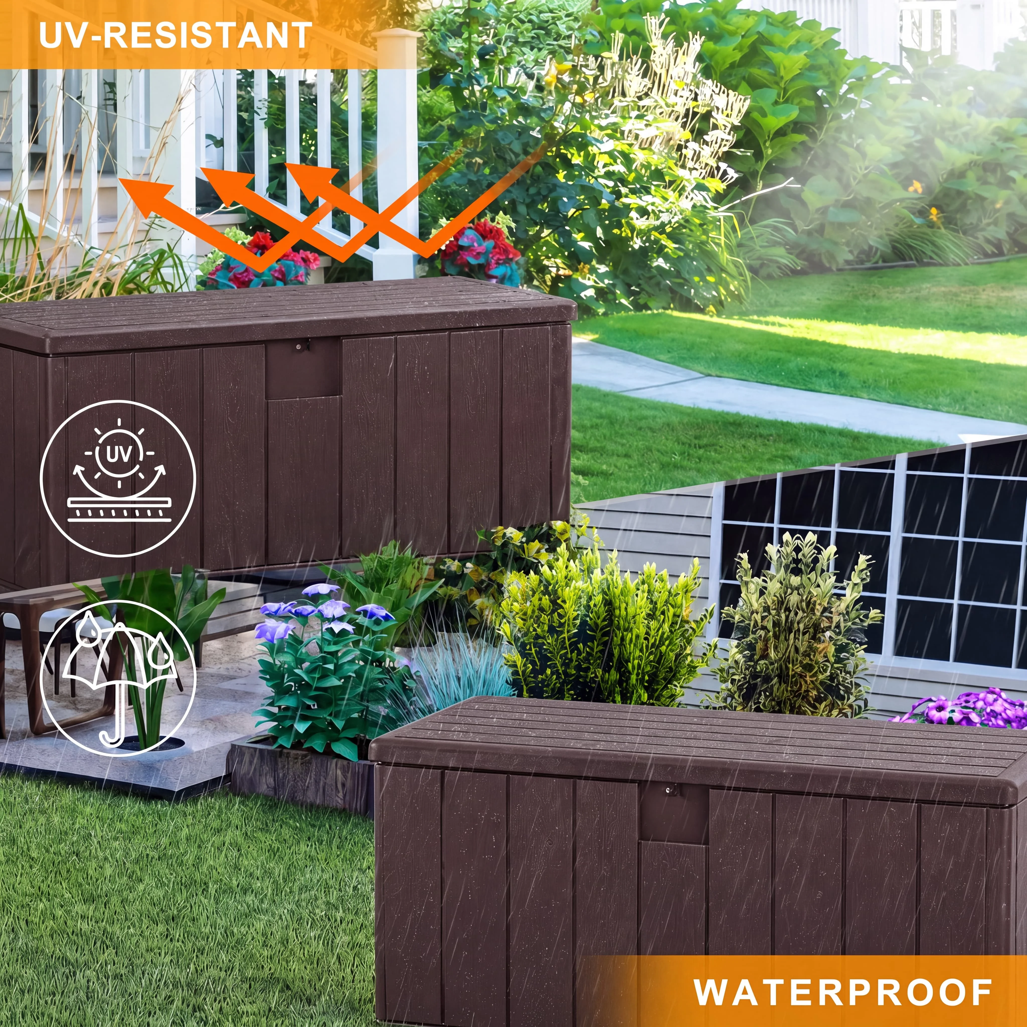 150-Gallon Caroma Ultra-Large Outdoor Storage Box with Lockable Lid and Hydraulic Air Rods, Waterproof Resin Patio Deck Box, Heavy Duty Extra Large Outside Storage