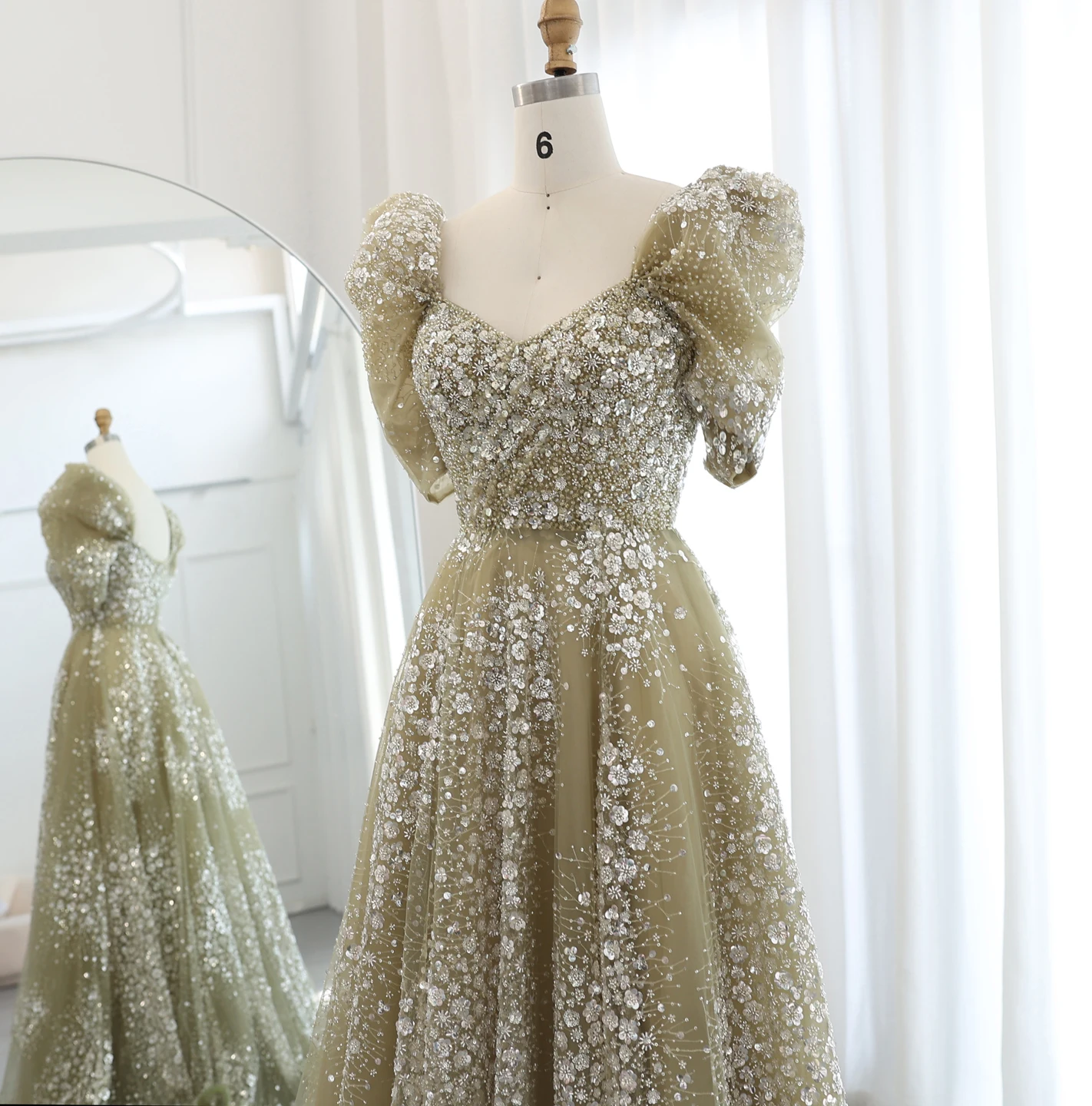 Sharon Said Glitzerndes Limonengrünes Luxus-Abendkleid aus Dubai für Arabische Hochzeiten, Verlobungen und Formelle Anlässe, Modell SS155, Maßanfertigung – Detail 18