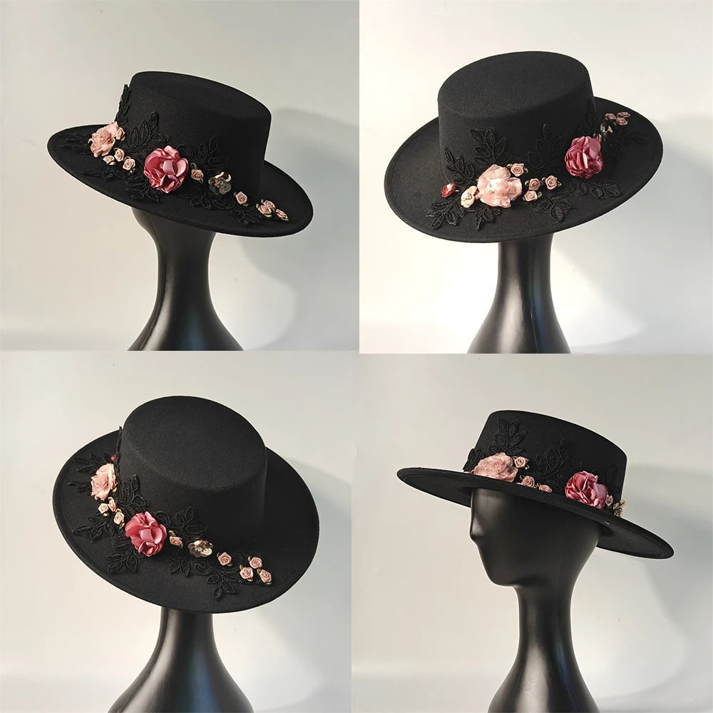 Autumn Winter New Flower Wedding Fedora Hat for Women Wide Brim Black Flat Top Hat Church Bowler New Cap chapeau femme