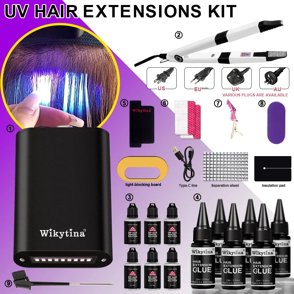 Complete Hair Extension Machine with UV Light V Light Tools Glue and Curing Lighter for Easy Hair Extensions