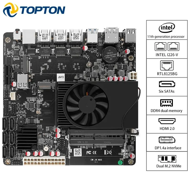 J6413 Industrial Mini ITX NAS Motherboard Firewall Routing 2*Intel i226-V 1*RTL8125BG 2.5G LANs 2*NVMe 6*SATA3.0 2*DDR4 1*PCIe