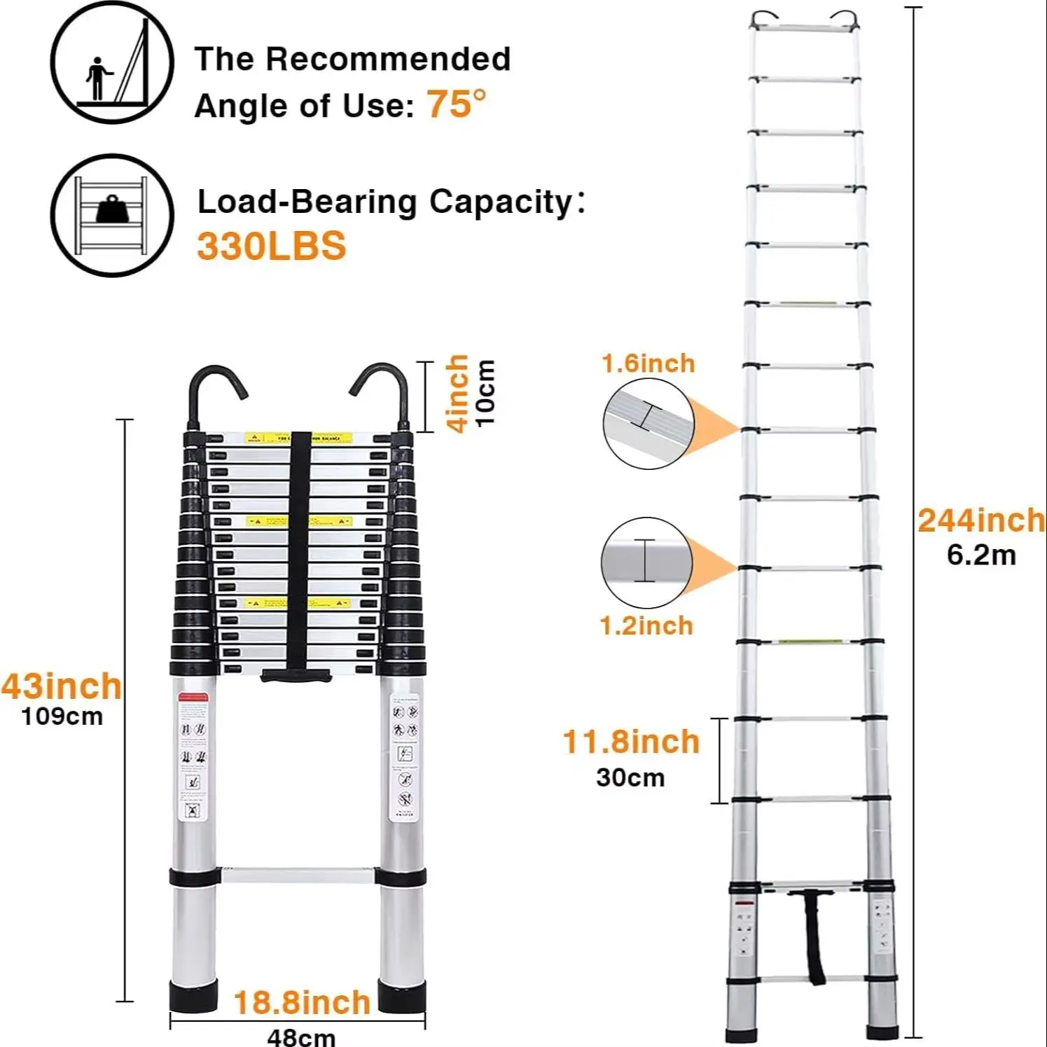 6,2 Meter 20,34FT Telescopische Aluminium Ladder, Lichtgewicht Uitschuifbare Ladder met 2 Verwijderbare Haakjes en Antislipvoeten, 150KG