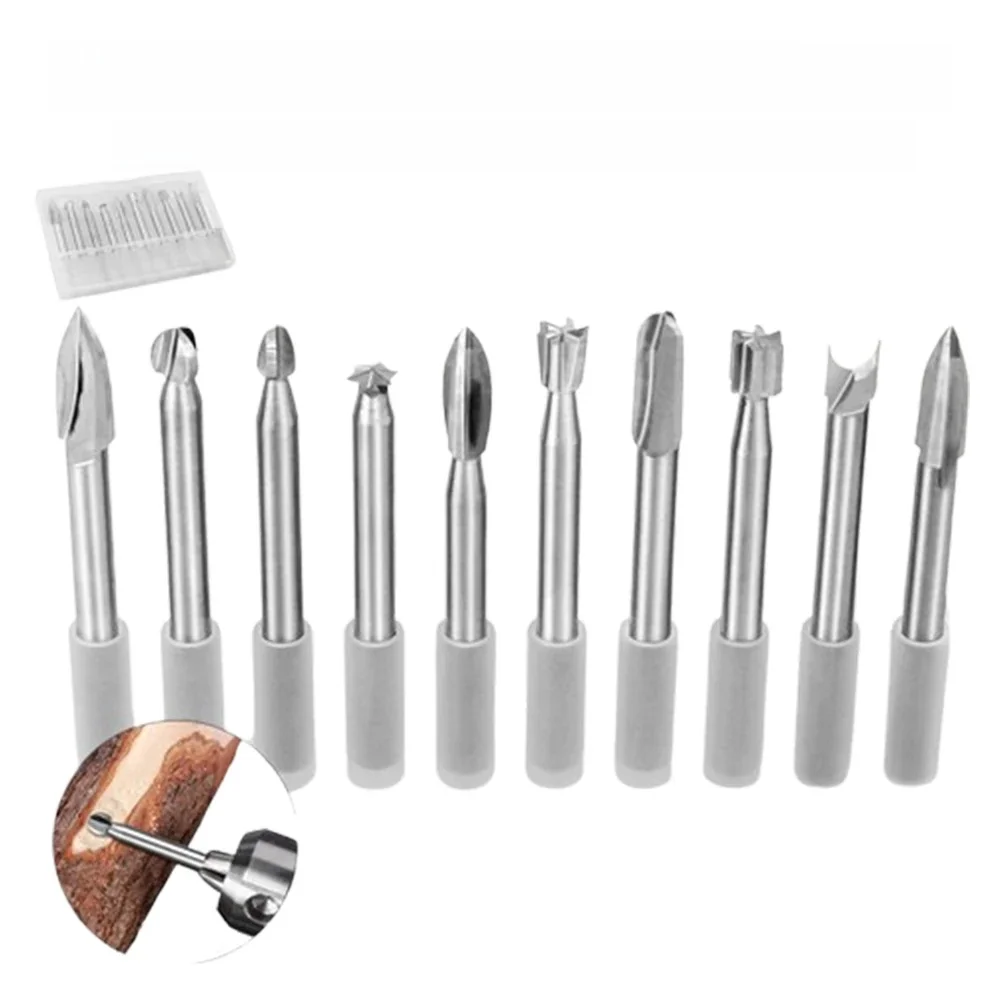 10Pieces Electric Wood Carving Root Carving Tools Woodworking Carving Polishing Tool Heads Milling Cutters Drill Bits