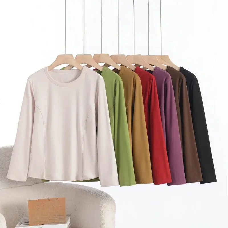 XL do 8XL Plus size Fleece O-Neck Bottoming Tshirts Long sleeves solid color Autumn winter Thick warm T-shirt base Tee tops — zdjęcie 2