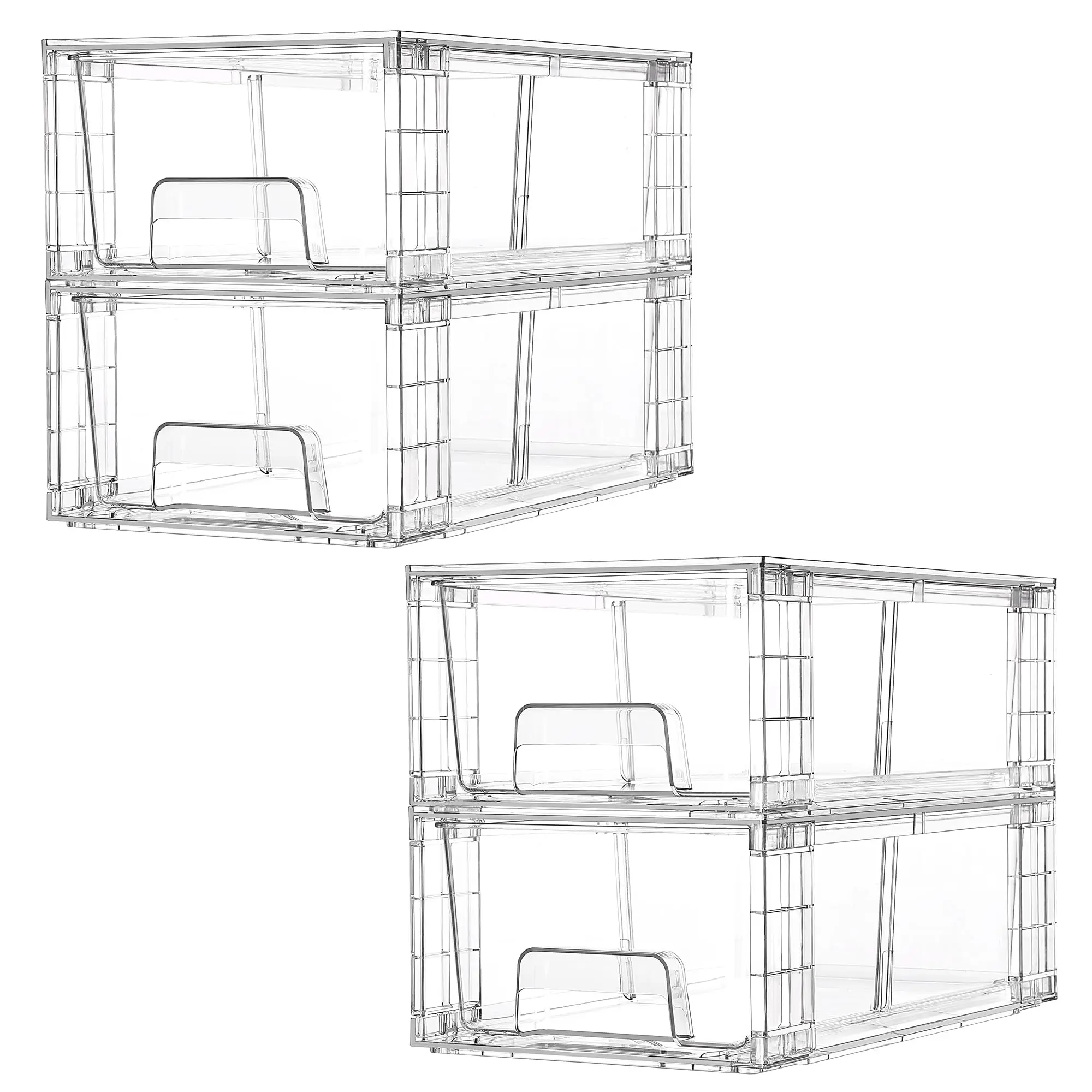 4 Pack Stackable Clear Drawer with Dividers Easy Assembly, Stackable Storage, Removable Dividers, Non-Slip Design, For Fridge, Under Sink, Pantry & Bathroom