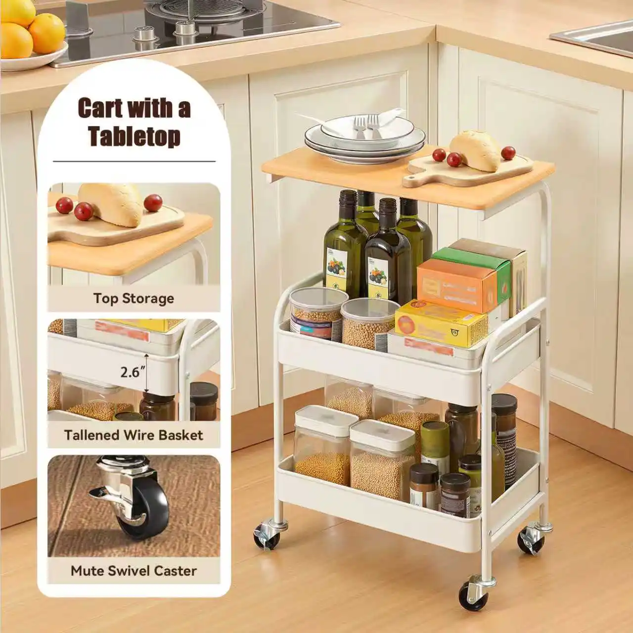 3 Tier Rolling Cart, Multifunctional Cart with Wooden Shelves and Metal Baskets, Coffee Cart, Standing Storage Carts with 2 Lockable Wheels, Suitable for Kitchen, Bedroom, Bathroom,Sofa Side,Office,Craft，Makeup