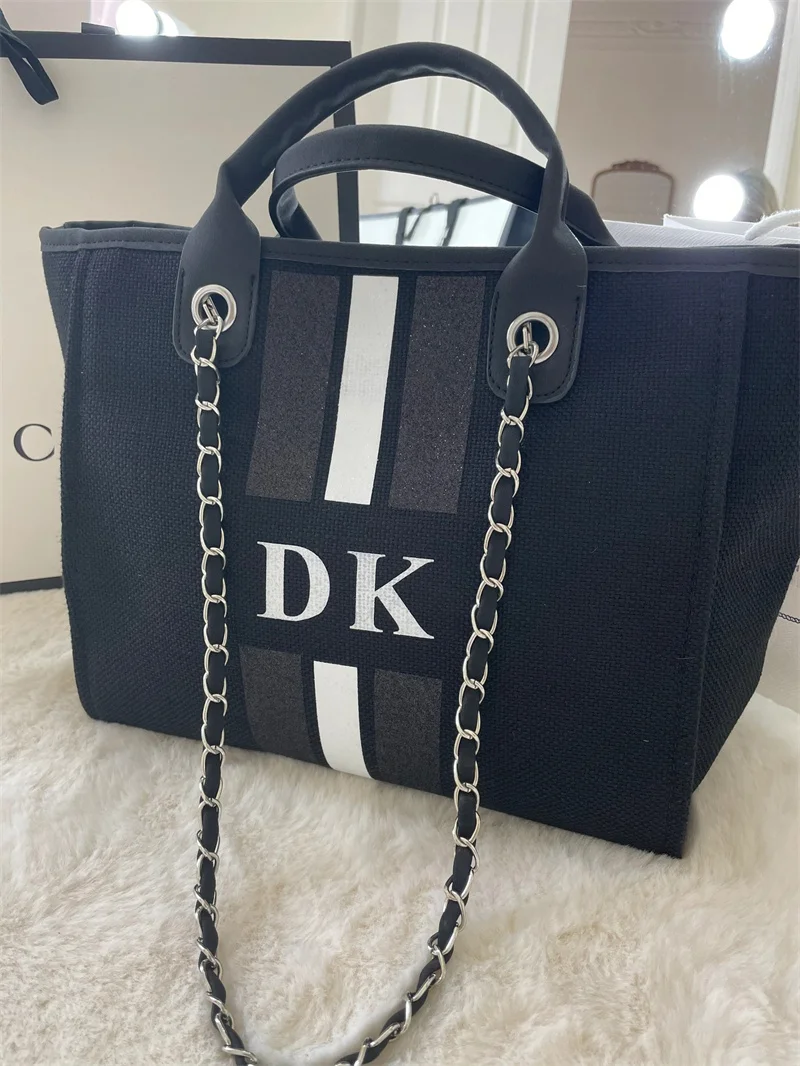 

Monogram Tote Bag Canvas Customised Black Glitter Chain Handbag Personalised White Initials Beach Holiday Shoulder Tote Bag