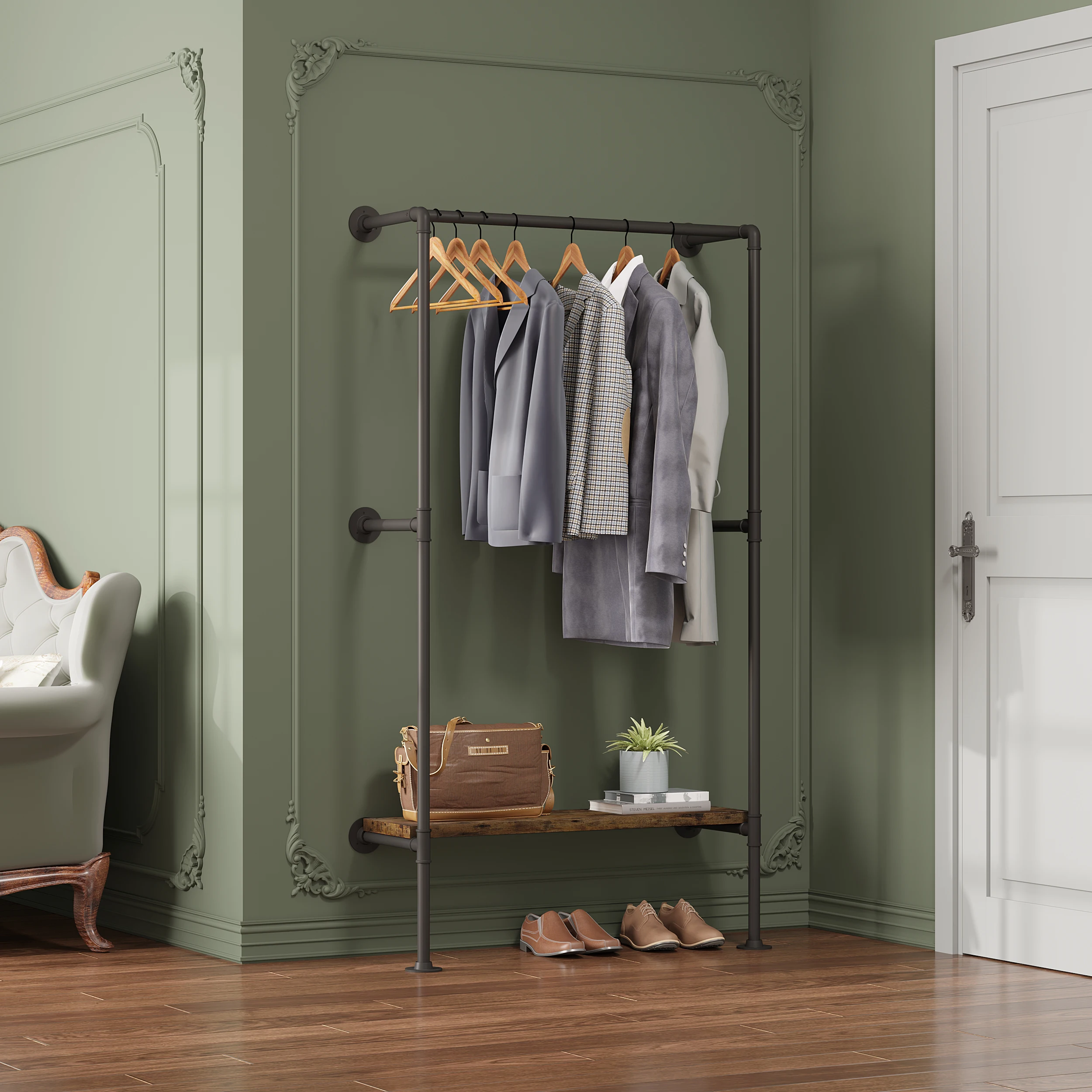 Kleiderschrank, an der Wand montierter Kleiderständer für Ankleidezimmer, Stahlrohr, industrieller