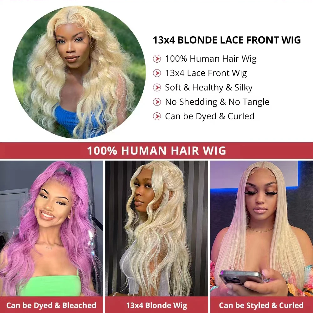 Perruque Lace Front Wig Body Wave naturelle, cheveux humains, blond, sans colle, pre-à-porter, HD 613, 13x4