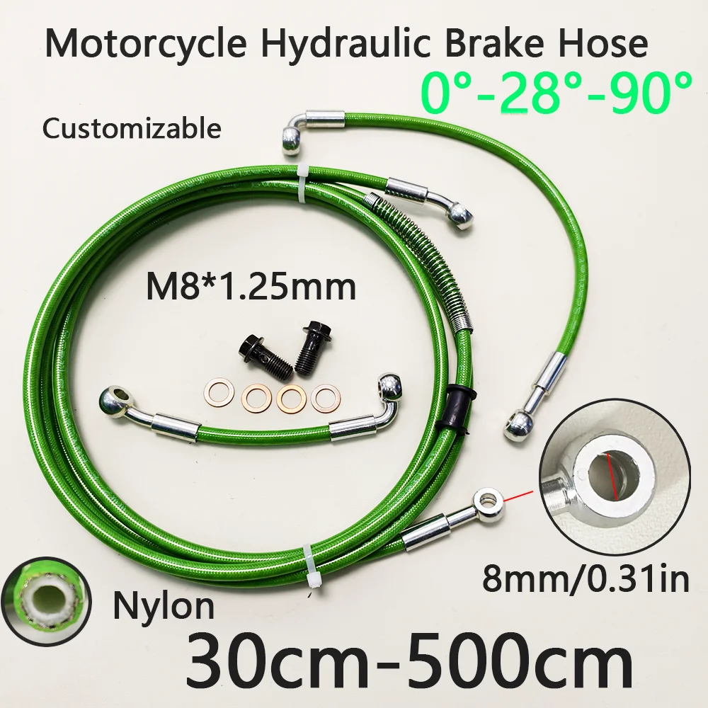 Multi Angle 0°28°90° 30cm-500cm Motorcycle Universal Green Brake Hose Clutch or Brake Cable Hydraulic Hose Pipe Line 8mm Banjo