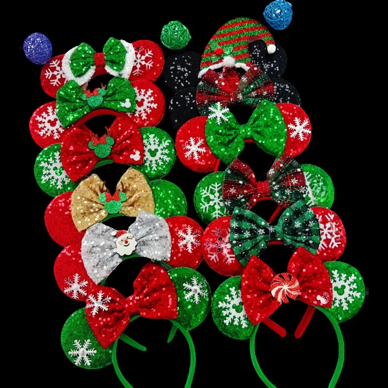 Bandeau oreilles de Mickey Mouse, flocon de neige de noël, Festival, nœud à paillettes, accessoires pour cheveux de fête pour femmes et filles, cadeau, 2024