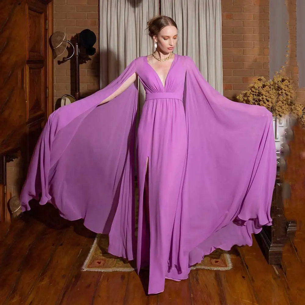 

Minimalist Chiffon Evening Dress Deep V-Neck High Slit Pleated With Shawl Women's Elegant Floor Length Prom Party Gown