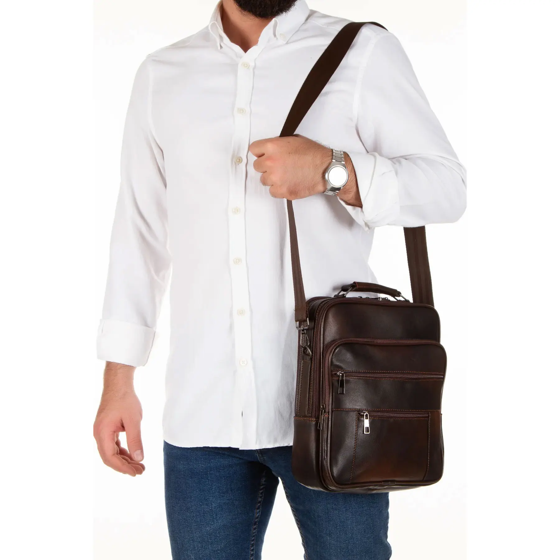 Lederax Oversized Vertical Model Steel Case Men's Genuine Leather Hand and Shoulder Bag Multi-Pocket Bag LD475